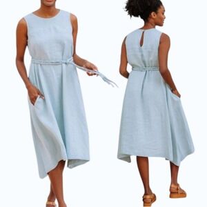 Magic Linen Dress Breezy Linen Midi Dress Nida Dusty Blue Large Braided Belt NWT